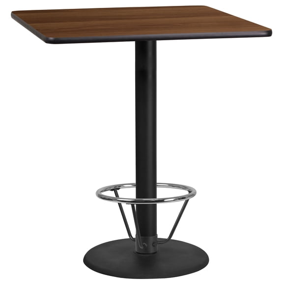 Emma + Oliver 36" Square Walnut Laminate Bar Table Top-24"RD Base/Foot Ring