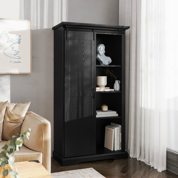 Emma + Oliver 36" Wide Farmhouse Storage Cabinet with Sliding Barn Door, 4 Adjustable Height Shelves and 2 Fixed Shelves in Black