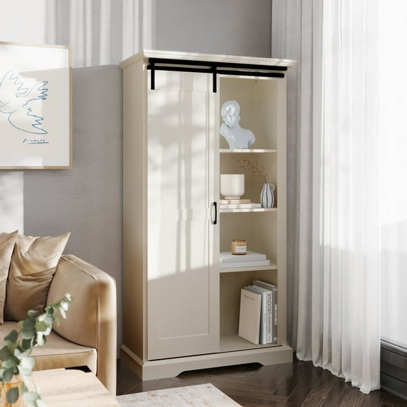 Emma + Oliver 36" Wide Farmhouse Storage Cabinet with Sliding Barn Door, 4 Adjustable Height Shelves and 2 Fixed Shelves in White