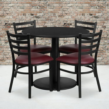 Emma + Oliver 36RD Black Table Set-RD Base & 4 Ladder Back Chairs,Burgundy Seat