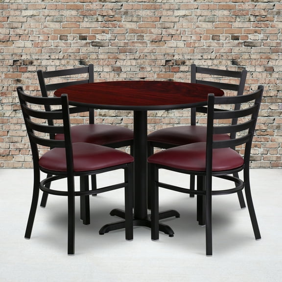 Emma + Oliver 36RD Mahogany Table Set-X-Base-4 Ladder Back Chairs,Burgundy Seat