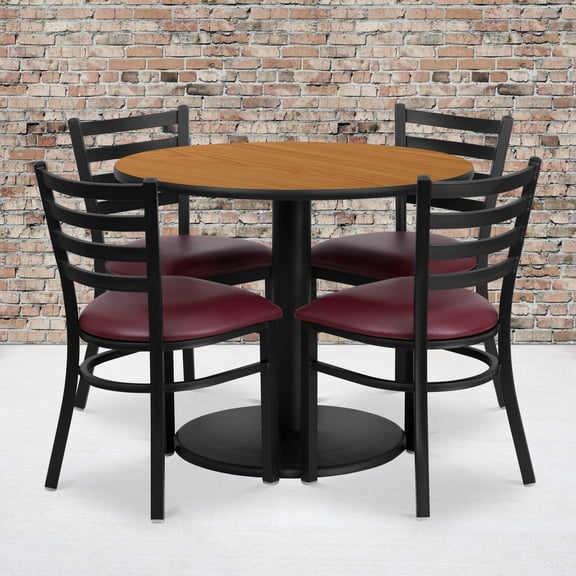 Emma + Oliver 36RD Natural Table Set-RD Base-4 Ladder Back Chairs,Burgundy Seat