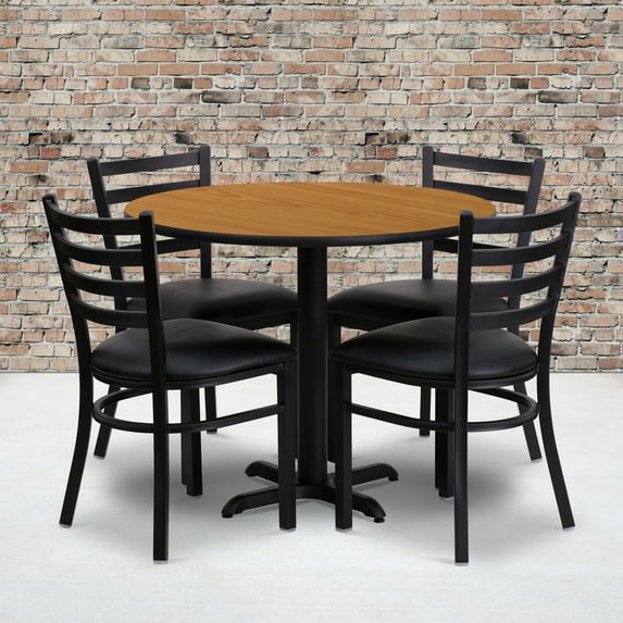 Emma + Oliver 36RD Natural Table Set-X-Base & 4 Ladder Back Chairs,Black Seat