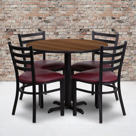 Emma + Oliver 36RD Walnut Table Set-X-Base & 4 Ladder Back Chairs,Burgundy Seat