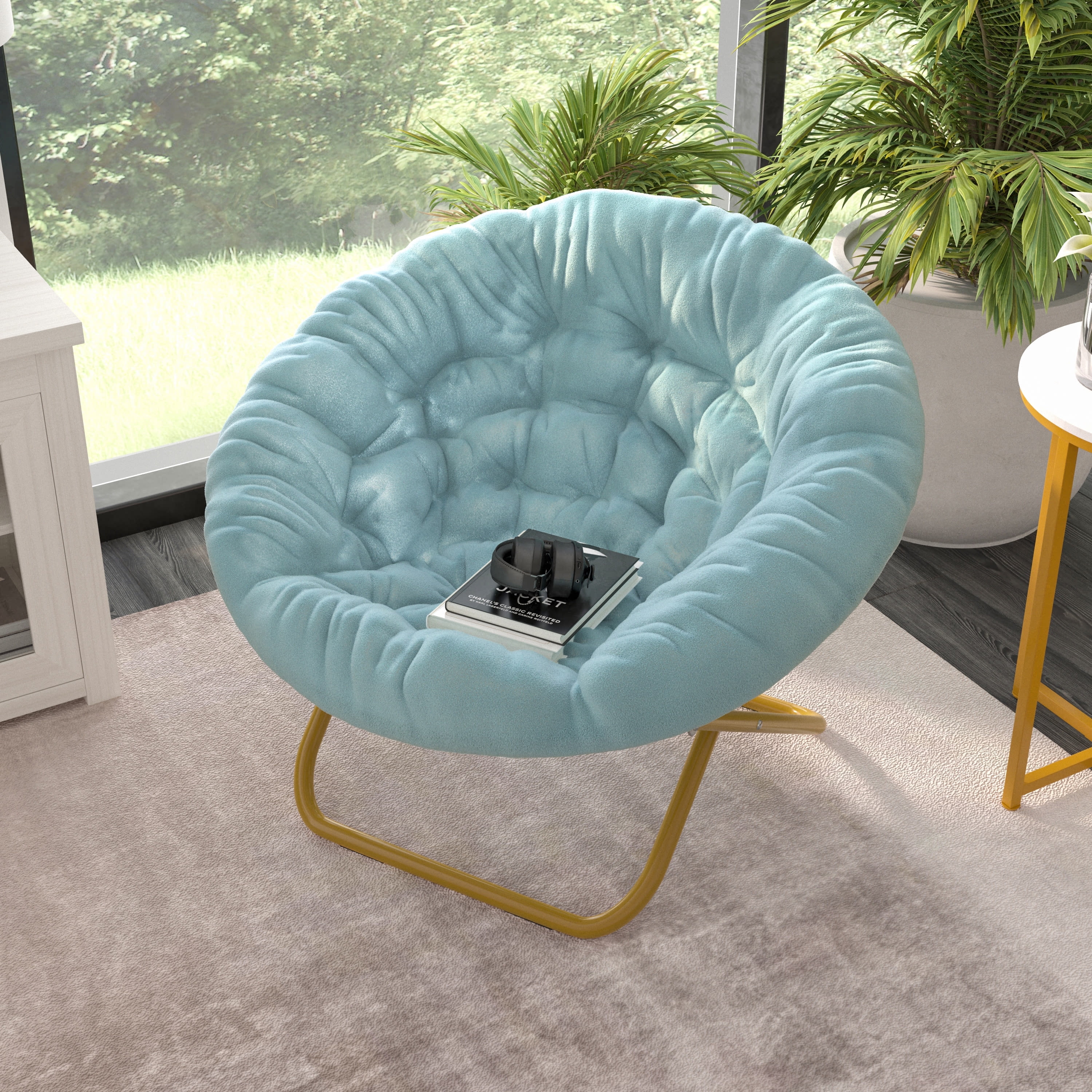 Emma Oliver 38 Oversize Folding Saucer Chair with Cozy Faux Fur Upholstery in Dusty Aqua with Soft Gold Metal Frame for Dorms Bedrooms Apartments