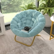 Emma + Oliver 38" Oversize Folding Saucer Chair with Cozy Faux Fur Upholstery in Dusty Aqua with Soft Gold Metal Frame for Dorms, Bedrooms, Apartments and More