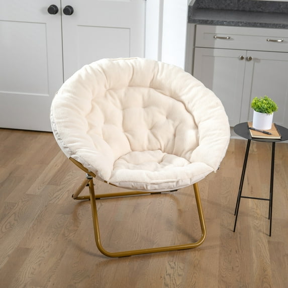 Emma + Oliver 38" Oversize Portable Faux Fur Folding Saucer Moon Chair for Dorm and Bedroom, Ivory Sherpa/Soft Gold Frame