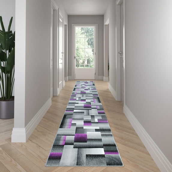 Emma + Oliver 3x16 Modern Cubist Olefin Accent Runner Rug in Gradient Shades of Black, Gray and Purple with Natural Jute Backing