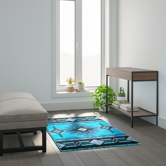 Emma + Oliver 3x5 Rectangular Turquoise Olefin Accent Rug with Complementary Southwestern Pattern in Beige, Black and Brown and Jute Backing