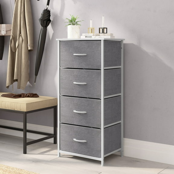 Emma + Oliver 4 Drawer Storage Dresser with White Cast Iron Frame, White Wood Top and Gray Easy Pull Fabric Drawers with White Wooden Handles
