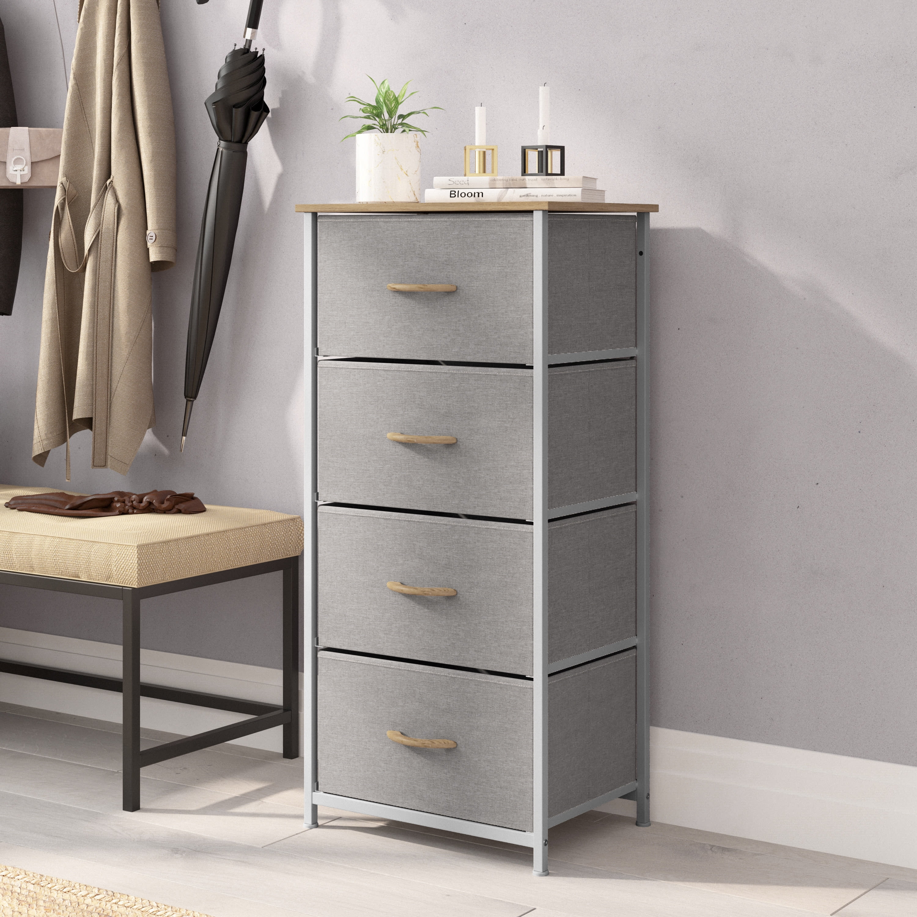 Emma + Oliver 4-Drawer Storage Dresser with White Frame, Beige Fabric  Drawers