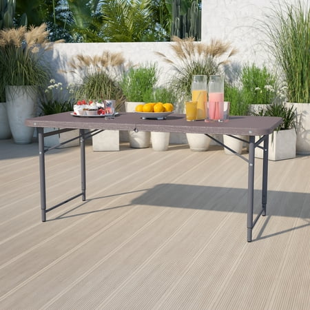 Emma + Oliver 4-Foot Height Adjustable Bi-Fold Brown Plastic Folding Table with Handle