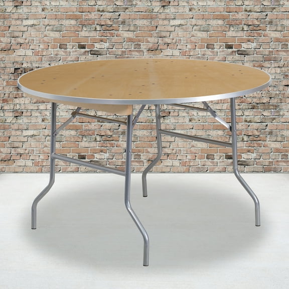 Emma + Oliver 4-Foot Round HEAVY DUTY Birchwood Folding Banquet Table with METAL Edges