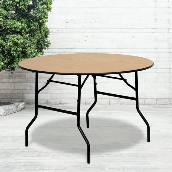 Emma + Oliver 4-Foot Round Wood Folding Banquet Table with Clear Coated Finished Top