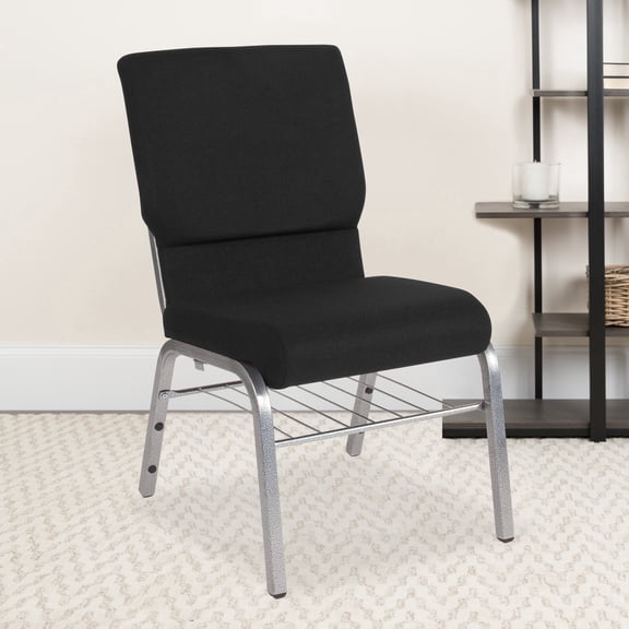 Emma + Oliver 4 Pack 18.5"W Church Chair in Black Fabric with Book Rack - Silver Vein Frame