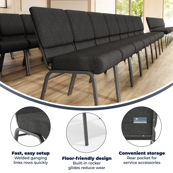 Emma + Oliver 4 Pack 21"W Church Chair in Dark Gray Fabric - Silver Vein Frame