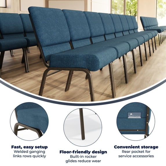 Emma + Oliver 4 Pack 21"W Stacking Church Chair in Blue Fabric - Gold Vein Frame