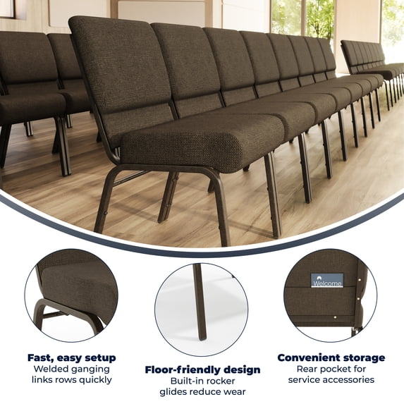 Emma + Oliver Stacking Auditorium Chair with 21" Seat - Brown Fabric/Silver Vein Frame
