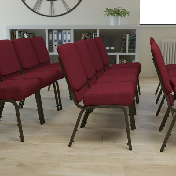 Emma + Oliver 4 Pack 21"W Stacking Church Chair in Burgundy Fabric - Gold Vein Frame