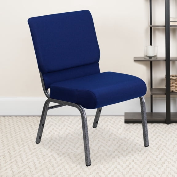 Emma + Oliver 4 Pack 21"W Stacking Church Chair in Navy Blue Fabric - Silver Vein Frame