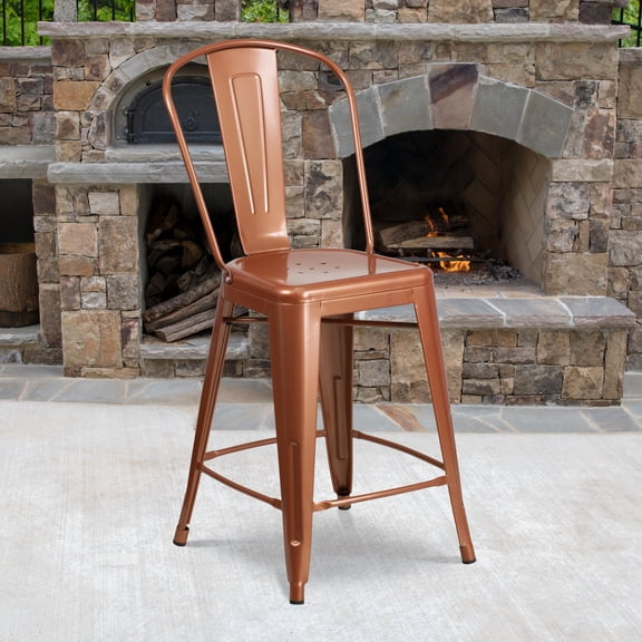 Emma + Oliver 4 Pack 24" High Copper Metal Indoor-Outdoor Counter Height Stool with Back