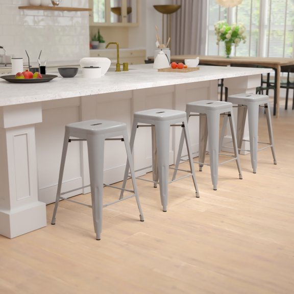 Emma + Oliver 4 Pack 24" High Metal Indoor Counter Bar Stool - Stackable Stool, Silver