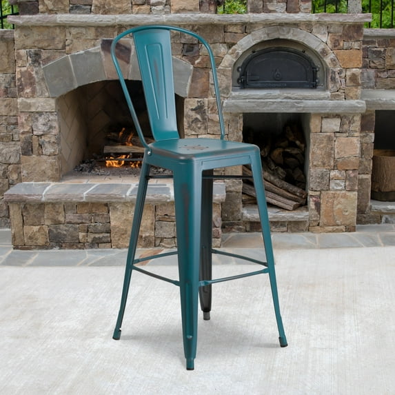 Emma + Oliver 4 Pack 30" High Distressed Kelly Blue-Teal Metal Indoor-Outdoor Barstool with Back