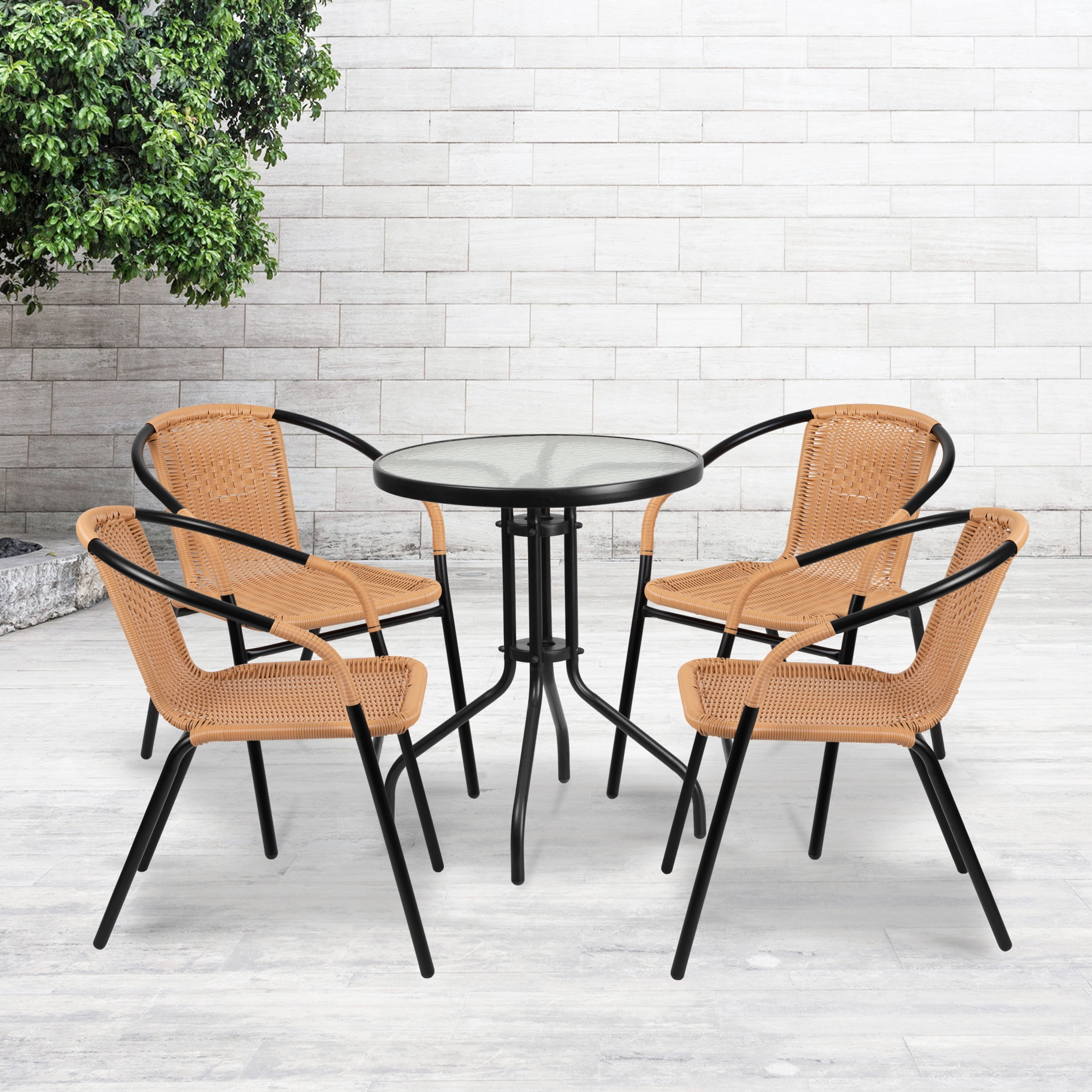 Emma + Oliver 4 Pack Beige Rattan Indoor-Outdoor Restaurant Stack Chair with Curved Back