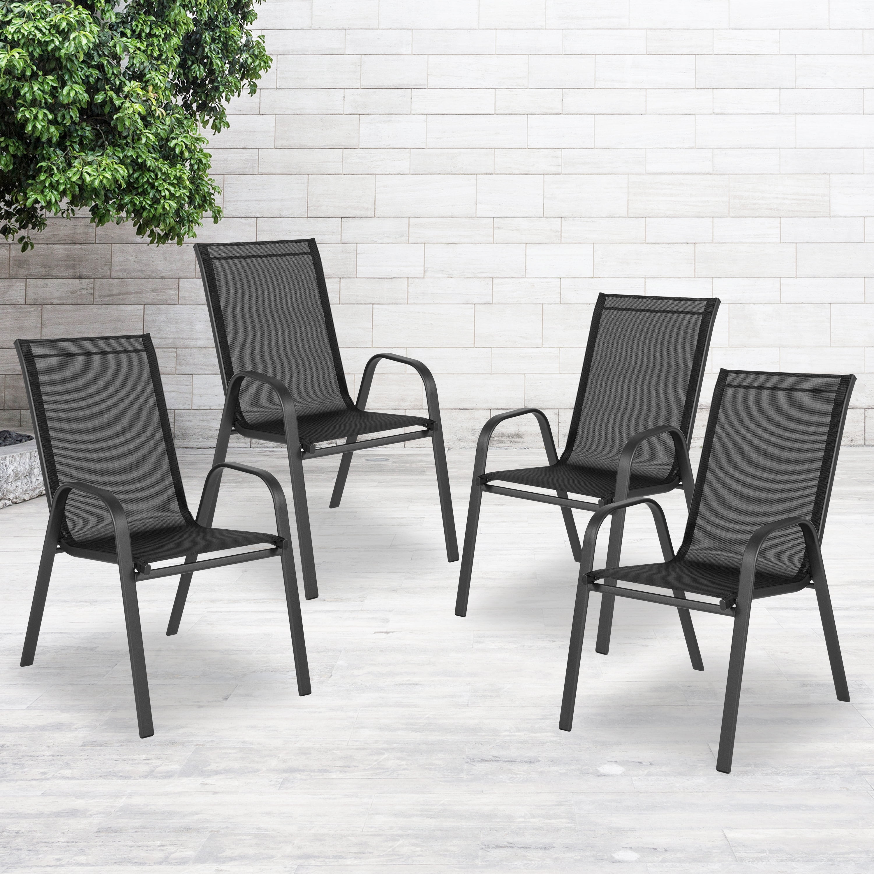 Emma Oliver 4 Pack Black Outdoor Stack Chair with Flex Comfort Material Patio Stack Chair Metal