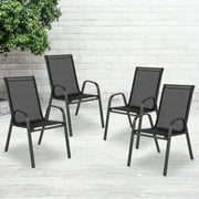 Emma + Oliver 4 Pack Black Outdoor Stack Chair with Flex Comfort Material - Patio Stack Chair, Metal