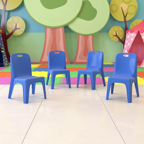 Emma + Oliver 4 Pack Blue Plastic Stack School Chair with Carrying Handle and 11" Seat Height