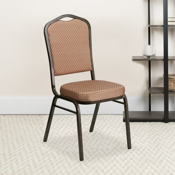 Emma + Oliver 4 Pack Crown Back Banquet Stack Chair in Gold Diamond Fabric-Gold Vein Frame