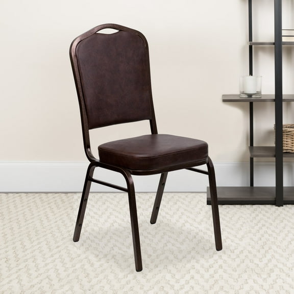Emma + Oliver 4 Pack Crown Back Stacking Banquet Chair in Brown Vinyl - Copper Vein Frame