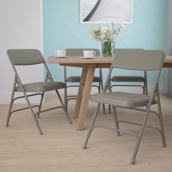 Emma + Oliver 4 Pack Curved Triple Braced Gray Vinyl Metal Folding Chair