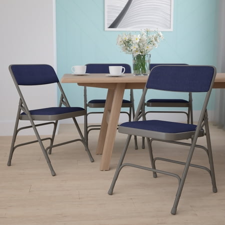 Emma + Oliver 4 Pack Curved Triple Braced Navy Fabric Metal Folding Chair
