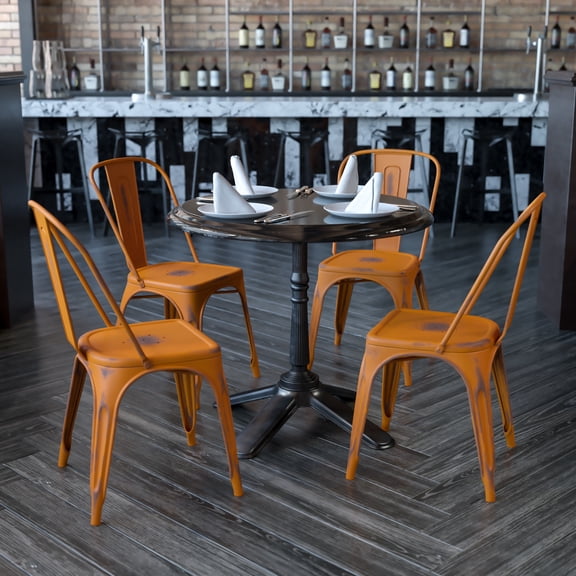 Emma + Oliver 4 Pack Distressed Orange Metal Indoor-Outdoor Stackable Chair - Kitchen Furniture