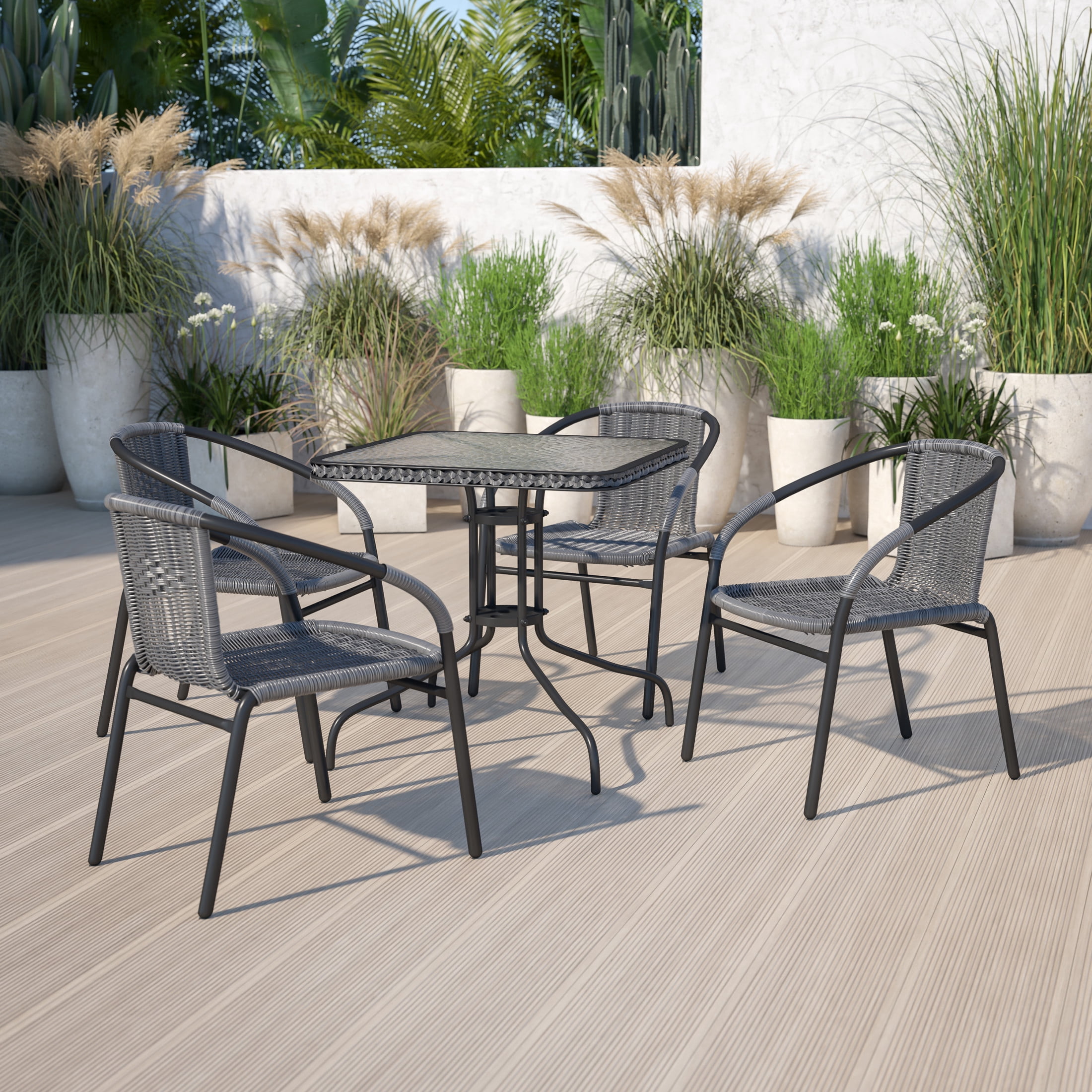 Emma + Oliver 4 Pack Gray Rattan Indoor-Outdoor Restaurant Stack Chair with Curved Back
