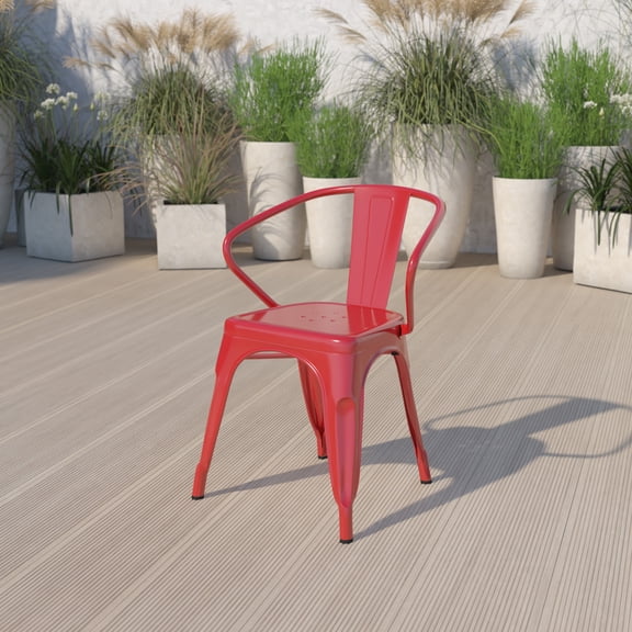 Emma + Oliver 4 Pack Red Metal Indoor-Outdoor Chair with Arms - Restaurant Furniture