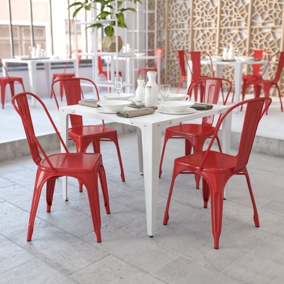 Emma + Oliver 4 Pack Red Metal Indoor-Outdoor Stackable Chair - Restaurant Chair - Bistro Chair