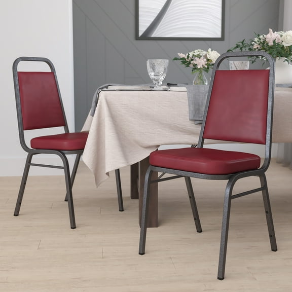Emma + Oliver 4 Pack Trapezoid Banquet Stack Chair, 2.5" Seat - Gray Fabric/Silver Vein Frame