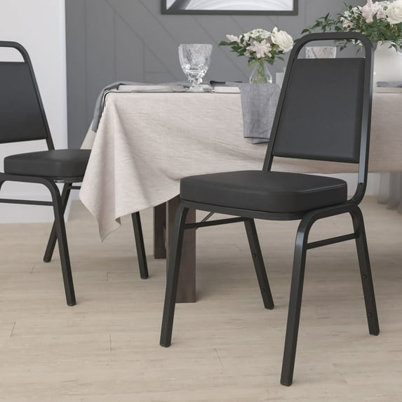Emma + Oliver 4 Pack Trapezoidal Back Stacking Banquet Chair in Black Vinyl with 2.5" Thick Seat