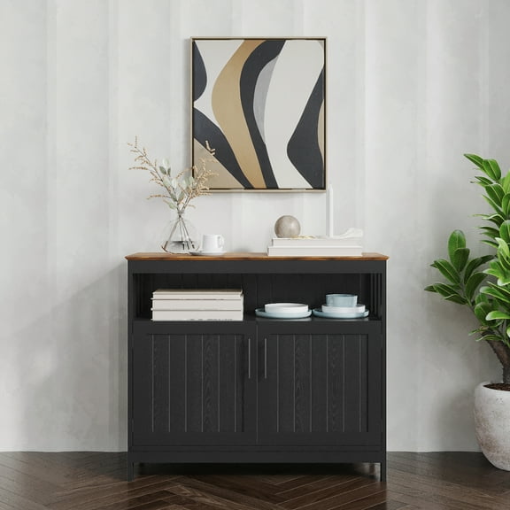 Emma + Oliver 40 Inch Buffet and Sideboard with Open Storage Shelf and Double Door Storage Cabinet in Black with Walnut Finish Top