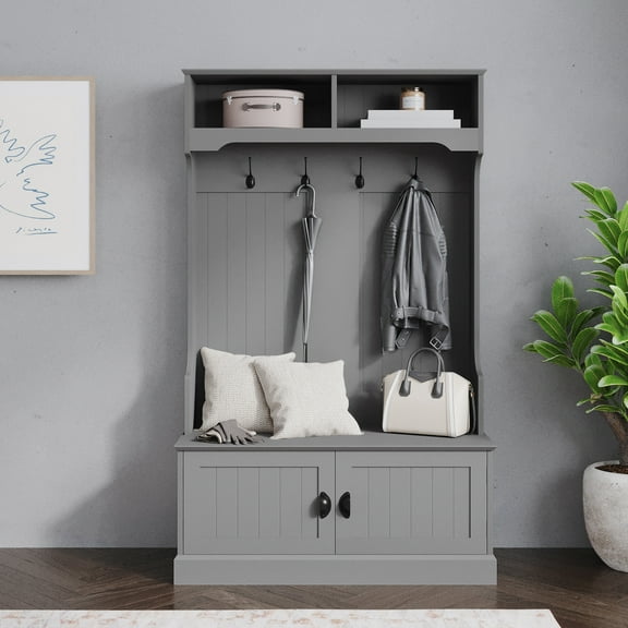 Emma + Oliver 40" Wide Hallway Tree with Storage Bench, Coat Hooks, and Upper Storage Compartments in Gray