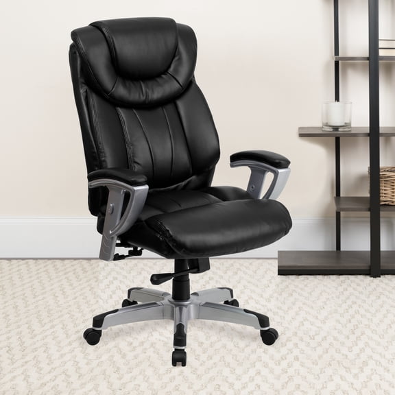 Emma + Oliver 400 lb. Big&Tall High Back Black LeatherSoft Ergonomic Office Chair, Silver Arms