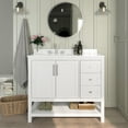thumbnail image 1 of Emma + Oliver 42 Inch Bathroom Vanity, Single Sink Cabinet with 2 Soft Close Doors, Open Shelf and 3 Drawers, Carrara Marble Finish Countertop, White, 1 of 12