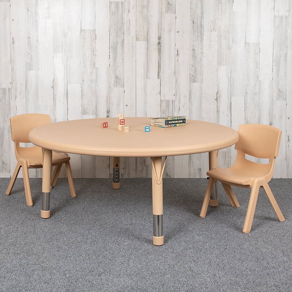 Emma + Oliver 45" Round Natural Plastic Height Adjustable Activity Table Set with 2 Chairs