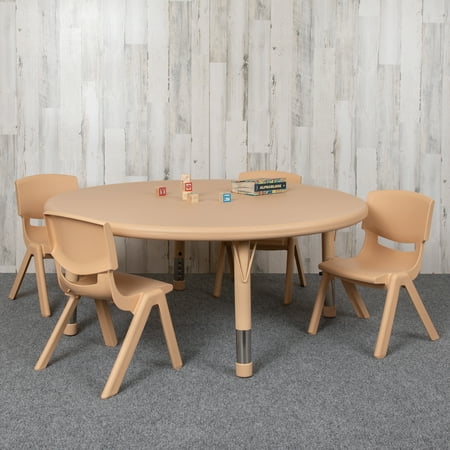 Emma + Oliver 45" Round Natural Plastic Height Adjustable Activity Table Set with 4 Chairs
