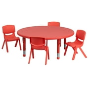 Emma + Oliver 45" Round Red Plastic Adjustable Activity Table Set-4 Chairs