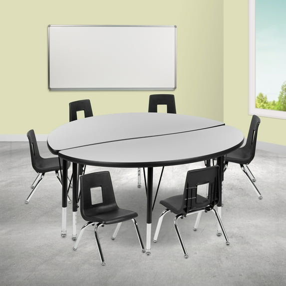Emma + Oliver 47.5" Circle Wave Activity Table Set with 14" Student Stack Chairs, Grey/Black