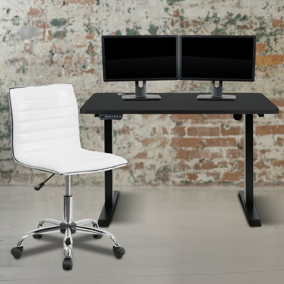 Emma + Oliver 48" Wide Black Electric Adjustable Standing Desk & White Ribbed Office Chair